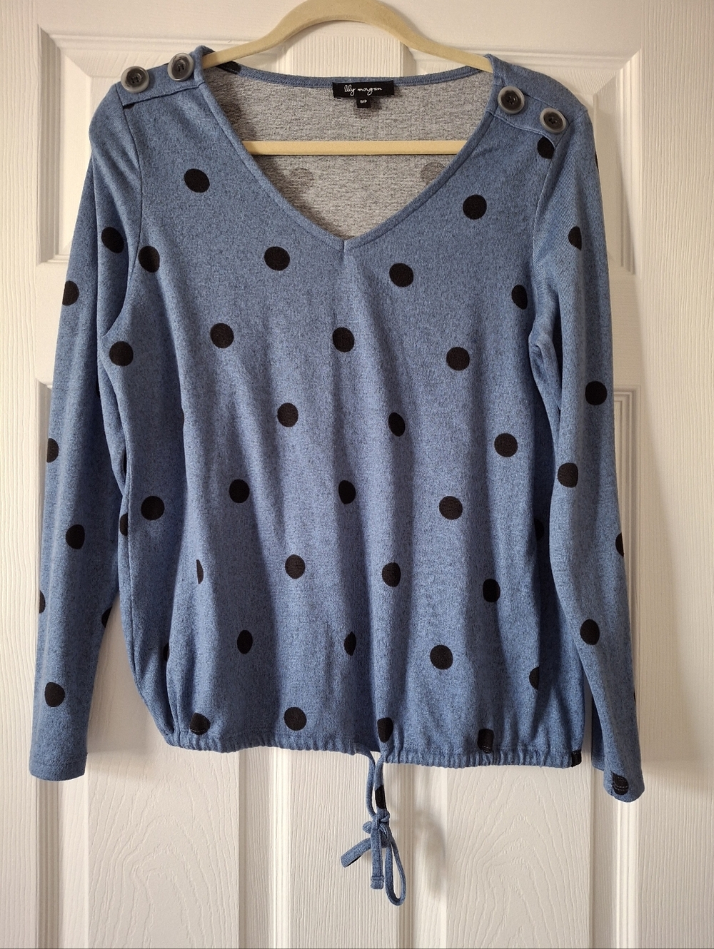 Blue Polka Dot V-Neck Long Sleeve Top in Small